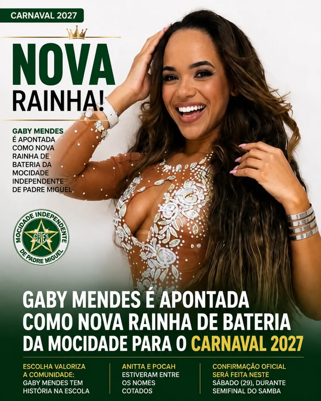 Gaby Mendes é apontada como nova rainha de bateria da Mocidade para o Carnaval 2027